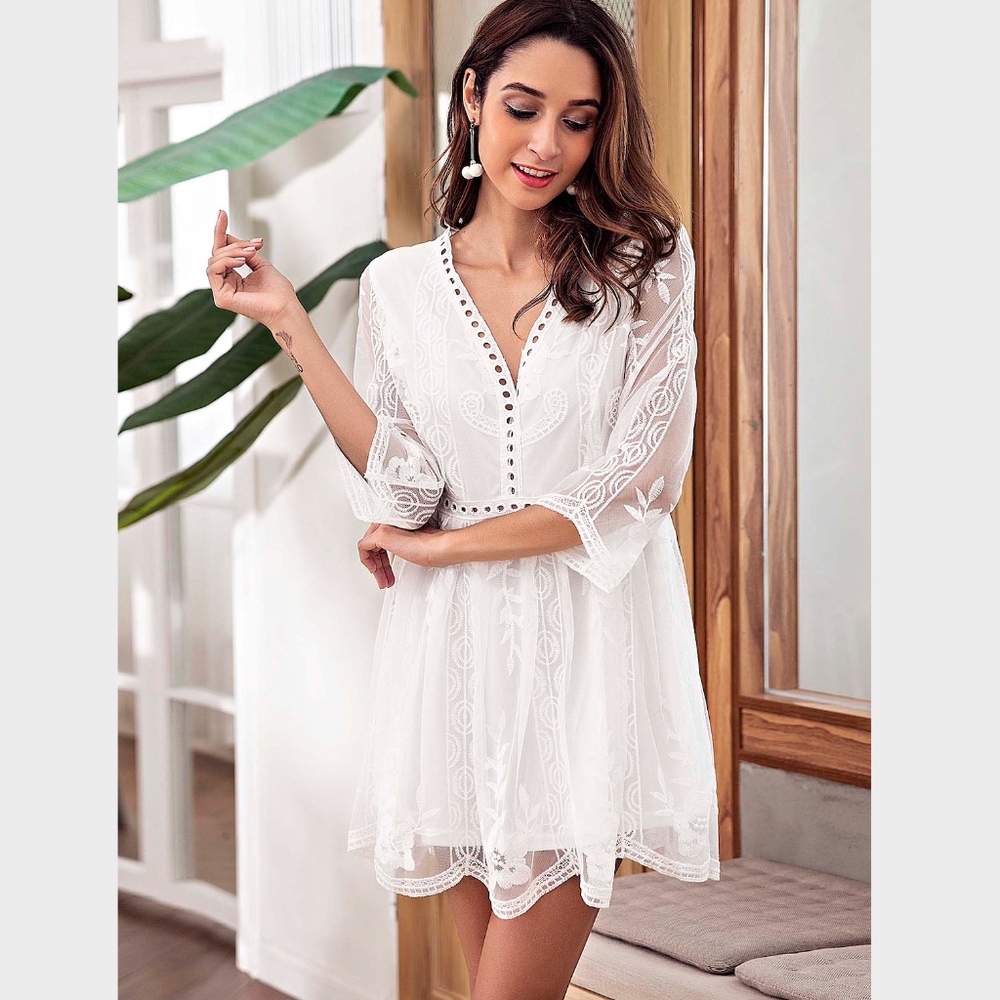 Embroidery on Mesh V-Neck White Mini Dress - Picture 5 of 8